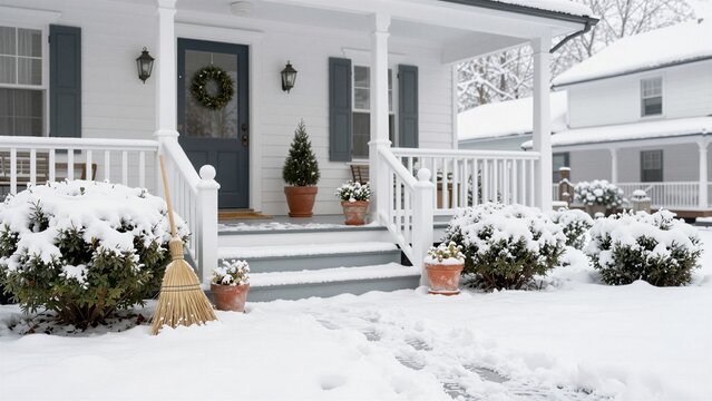 A cozy winter scene featuring a snow-covered porch with a wreath on the door and a broom leaning against railings. Bushes, potted plants, and steps are blanketed in fresh white snow.