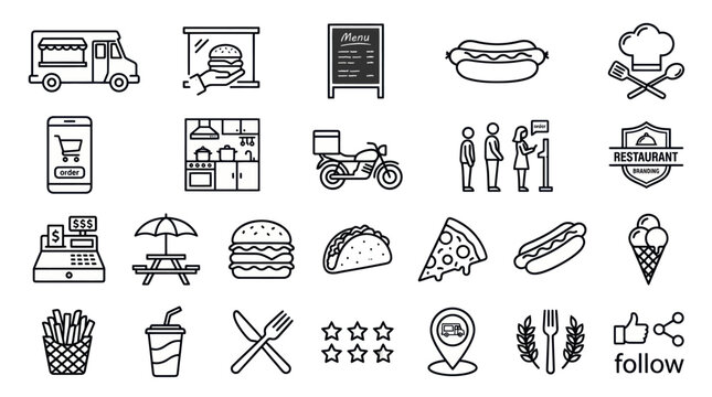 Restaurant menu and fast food delivery icon collection.