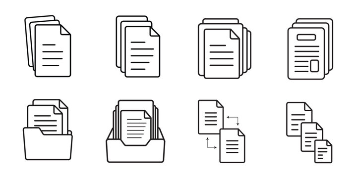 Document Files Outline Icon Set Collection - Stacked Papers, Business Documents, File Management, Office Reports, Digital Records Line Vector
