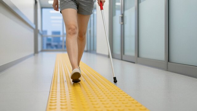 A person walks confidently down a modern hallway using a white cane with red handle on a yellow tactile strip. The background features glass doors and cityscape view through windows, emphasizing urban