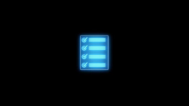 Animated neon blue checklist icon on a dark background.