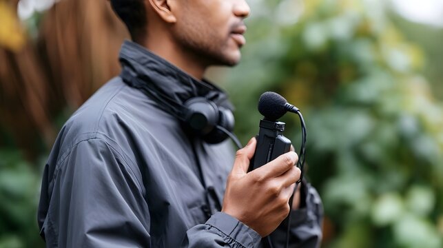 A person holding a microphone outdoors while wearing headphones and a jacket near greenery