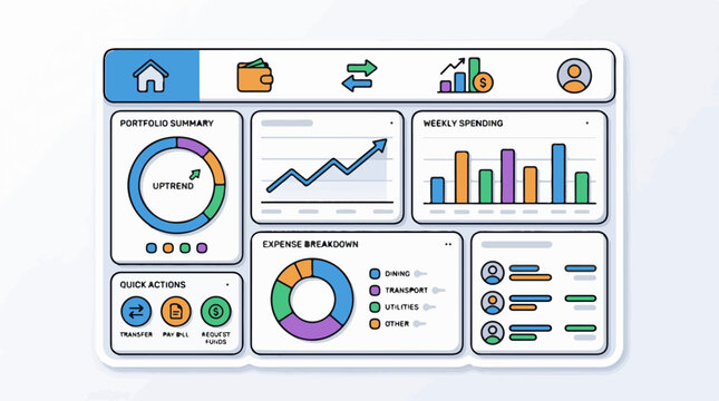 Digital dashboard displays financial summary spending and quick actions