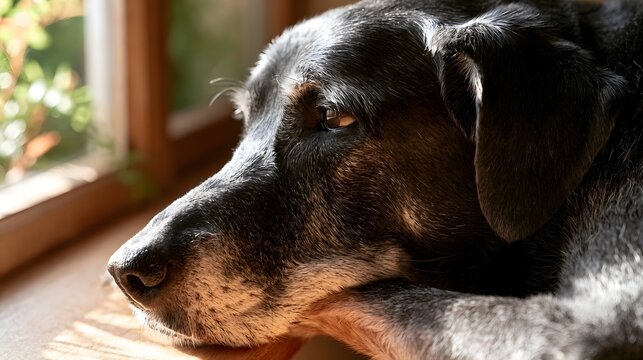 An older dog rests peacefully by a sunlit window  its fur catching warm light and showing gentle signs of age