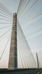 Obraz premium Modern Cable-Stayed Bridge Tower and Suspension Cables Against Sky