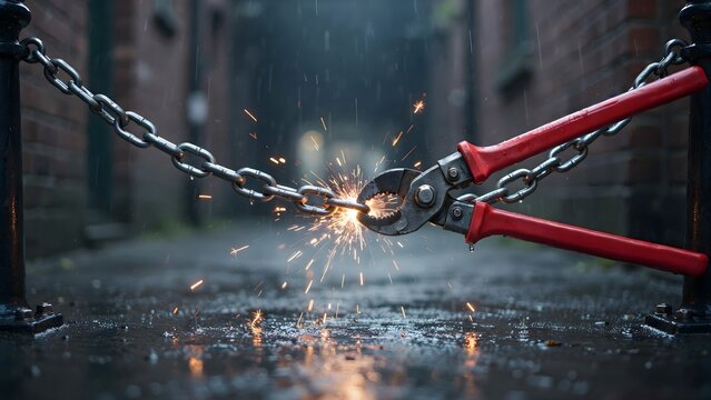 Heavy-duty bolt cutter cutting chain on wet street with sparks flying in an outdoor urban environment