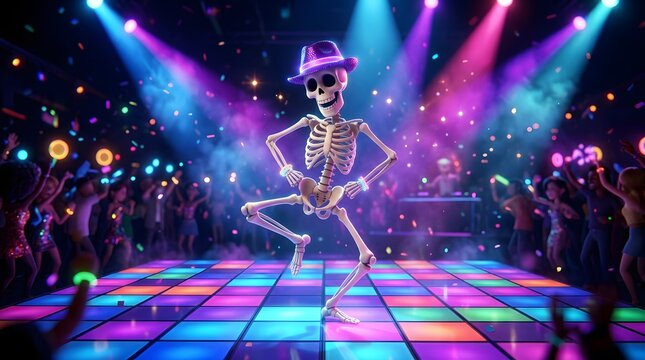 A cheerful skeleton wearing a purple fedora dancing on a colorful illuminated disco floor in a crowded nightclub