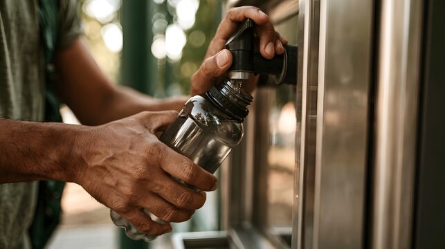 A person fills a reusable water bottle from an outdoor public drinking fountain on a sunny day