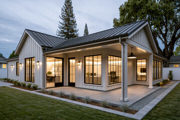 Fototapeta premium Modern home office exterior with large windows, white siding, metal roof, evening light, cozy atmosphere, backyard setting
