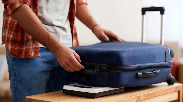 Person placing blue suitcase on digital scale to check weight before travel  hands adjusting zipper