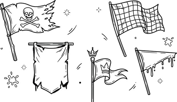 Hand drawn flag doodle vector element set featuring pirate skull checkered racing medieval banner and melting streetwear icons,