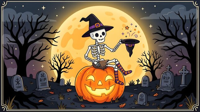 Cartoon skeleton sitting on a large glowing jackolantern in a spooky graveyard under a full moon