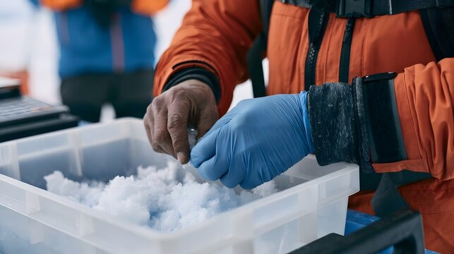 Person handling snow samples in a container during field research activity under bright daylight conditions