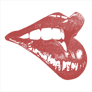 Close up of red vampire lips biting lower lip