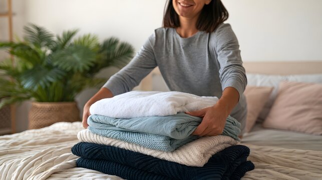 A person arranging a stack of folded blankets and textiles on a bed in a softly lit bedroom setting