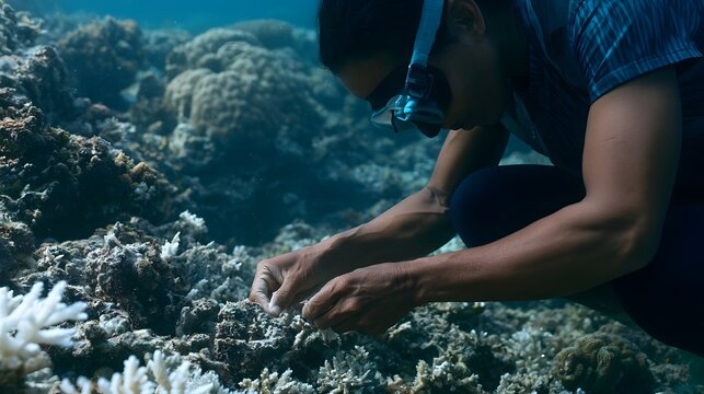 A person underwater carefully handling coral fragments on a reef with focused hands amidst marine life and natural textures