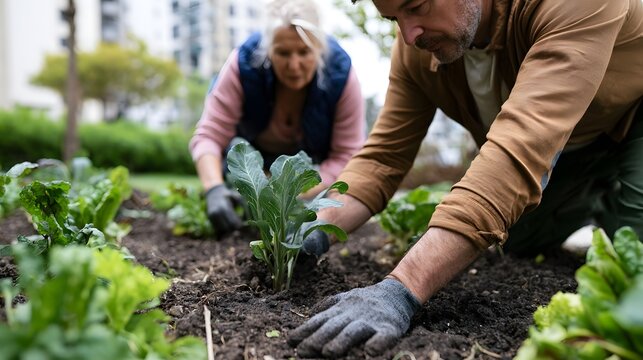 Two people gardening together in a comm vegetable patch surrounded by green plants and urban buildings
