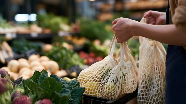 A person holds reusable mesh bags filled with fresh produce at a grocery store s vegetable section