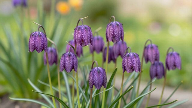A cluster of purple fritillary flowers with intricate veining bloom gracefully in a lush green garden, featuring soft bokeh background and natural daylight.