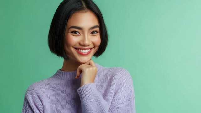 Young woman posing thoughtfully with hand on chin in studio
