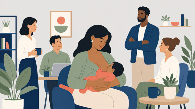 Breastfeeding Mother with Baby in Modern Diverse Office Space-(Ibu Menyusui Bayi di Ruang Kantor Modern yang Beragam)