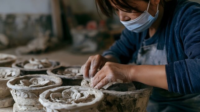A person wearing a face mask carefully molds clay into decorative floral patterns on pottery pieces arranged in rows
