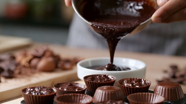 A person pouring rich dark chocolate into small cup molds on a wooden surface surrounded by nuts and cocoa powder