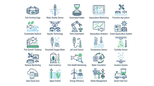 Smart aquaculture and fish farming technology color icons.