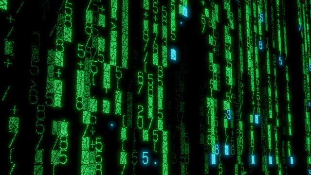Dynamic Digital Pattern of Interwoven Green and Blue Squares and Rectangles on Black Background, Ideal for Data Visualization and Technology Presentations