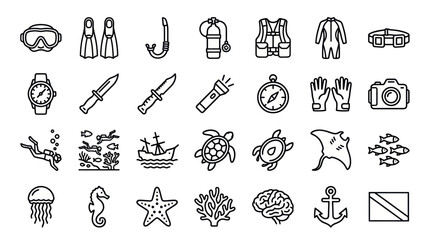 Scuba diving and marine life outline icon collection © muhammad