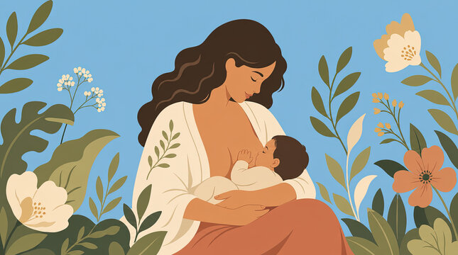 Gentle Mother Breastfeeding Newborn in a Serene Garden-(Ibu Lembut Menyusui Bayi Baru Lahir di Taman yang Tenang)