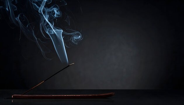 Varilla de incienso encendida con humo ascendente sobre fondo oscuro en una composici&oacute;n minimalista de meditaci&oacute;n y relajaci&oacute;n
