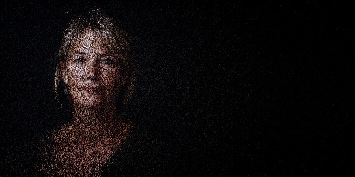 Digital ID Portrait of Woman with Face made up of Numbers and Symbols. Data minimization Concept with copy-space.
