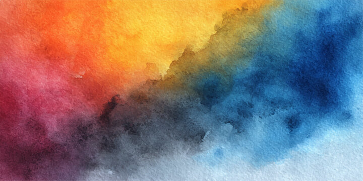 Abstract Colorful Watercolor Background with Blue Sky, Orange Fire Tones, Smoke, Cloudy Texture and Grunge Vintage Paper Art
