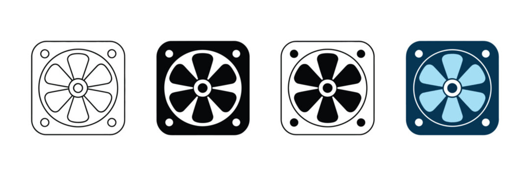 Computer cooling fan icon set, 4 vector illustrations of PC case fans, hardware cooling system symbols for tech interface design