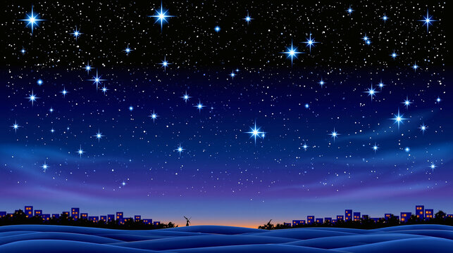 A vibrant starry night sky with a silhouette of a city skyline below, set against rolling, dark blue hills.