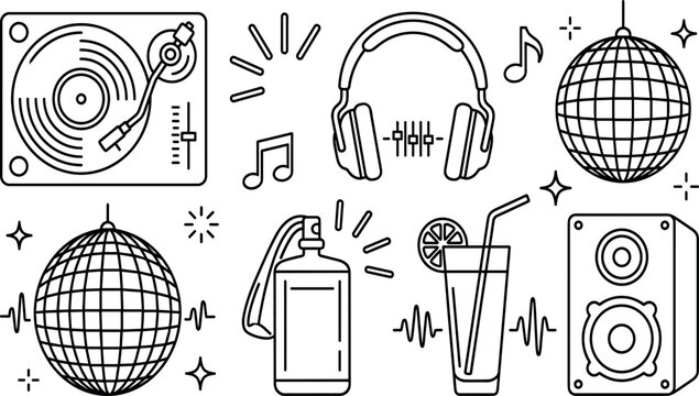 Nightclub music and party lifestyle vector elements set featuring dj turntable headphones disco ball loudspeaker cocktail and spray bottle