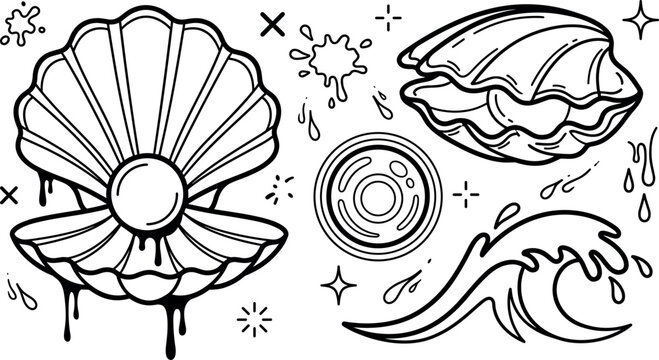 Ocean sea shell vector elements set featuring open clam pearl ocean wave water splash graffiti drip and oyster shell