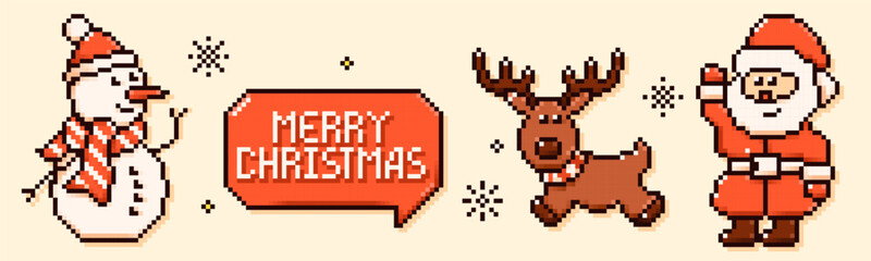 Pixel art Holiday elements. Santa Claus, snowman, reindeer and Merry Christmas speech bubble. © Aleksandra Abramova