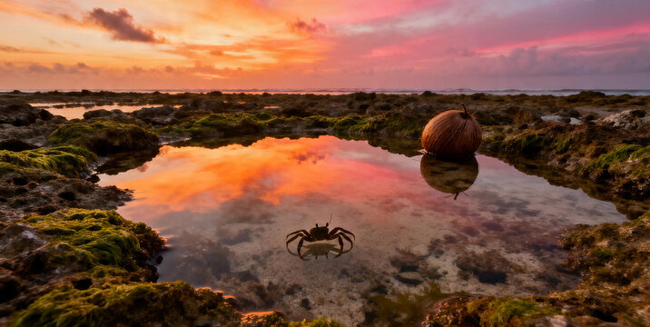 Golden hour sunset reflected in a shallow tidal pool on rocky beach