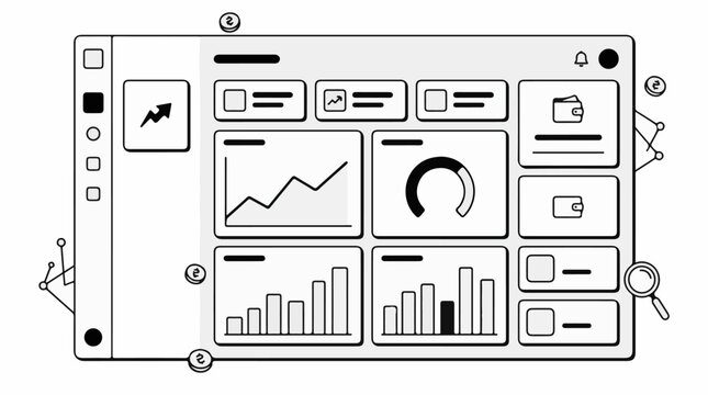 Digital dashboard displaying financial charts and wallet icons