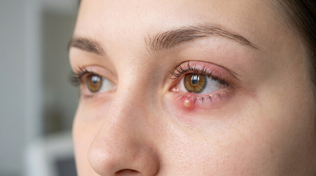 Close-up of a young woman's eye with a painful and inflamed stye on her lower eyelid, indicating an infection or blocked oil gland