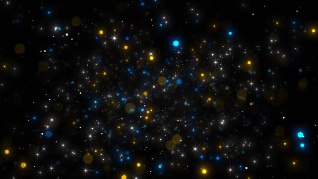 Dark particle background blue yellow hexagon lights, white sparkles, soft bokeh, modern digital depth. tech , celebration intros, luxury overlays, science visuals, abstract motion graphics.