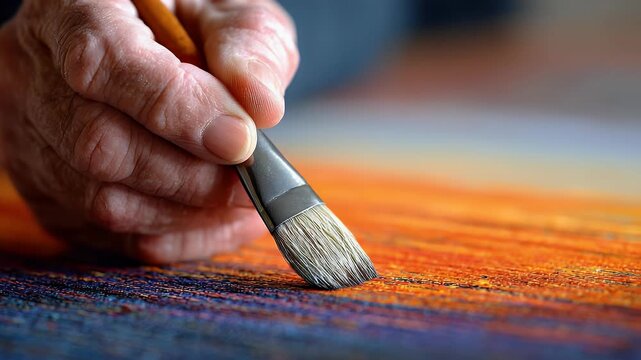 Close up of artist hand holding paintbrush applying color to canvas creative process