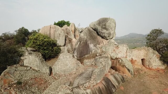 Aerial view of Great Zimbabwe ruins, ancient stone walls and granite rocks in Africa
