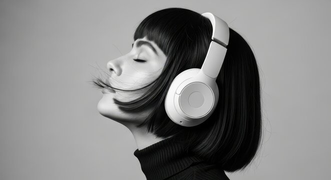 Young Woman with Bob Haircut Listening to Music with Wireless Headphones in Black and White Studio Portrait