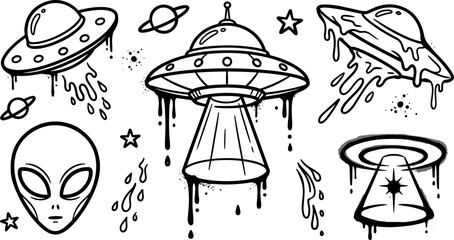 Sci-fi space alien ufo spaceship vector elements set featuring melting flying saucers dripping paint alien head stars and planets © Motahar