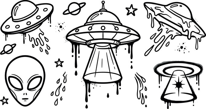 Sci-fi space alien ufo spaceship vector elements set featuring melting flying saucers dripping paint alien head stars and planets