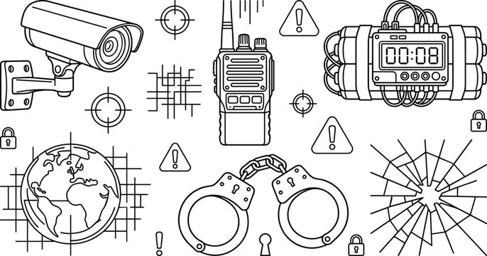 Security surveillance and tactical crime prevention vector elements set featuring cctv camera walkie talkie handcuffs time bomb and broken glass