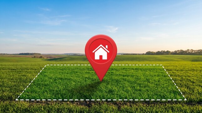 A red map pin with a house icon marking a square plot of land in a vast green field under a clear blue sky.